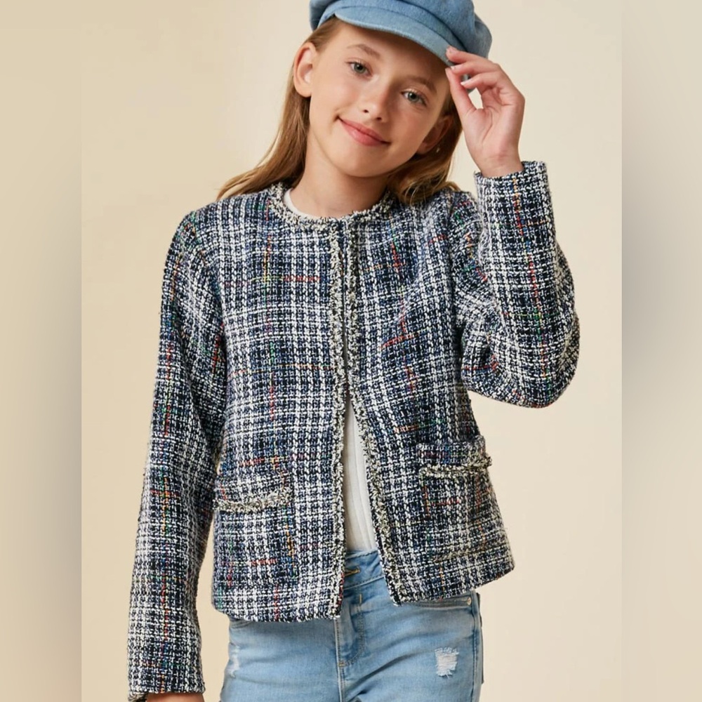 Hayden Girl’s Tweed Blazer Blue & White Multi Color Plaid Chanel Inspired